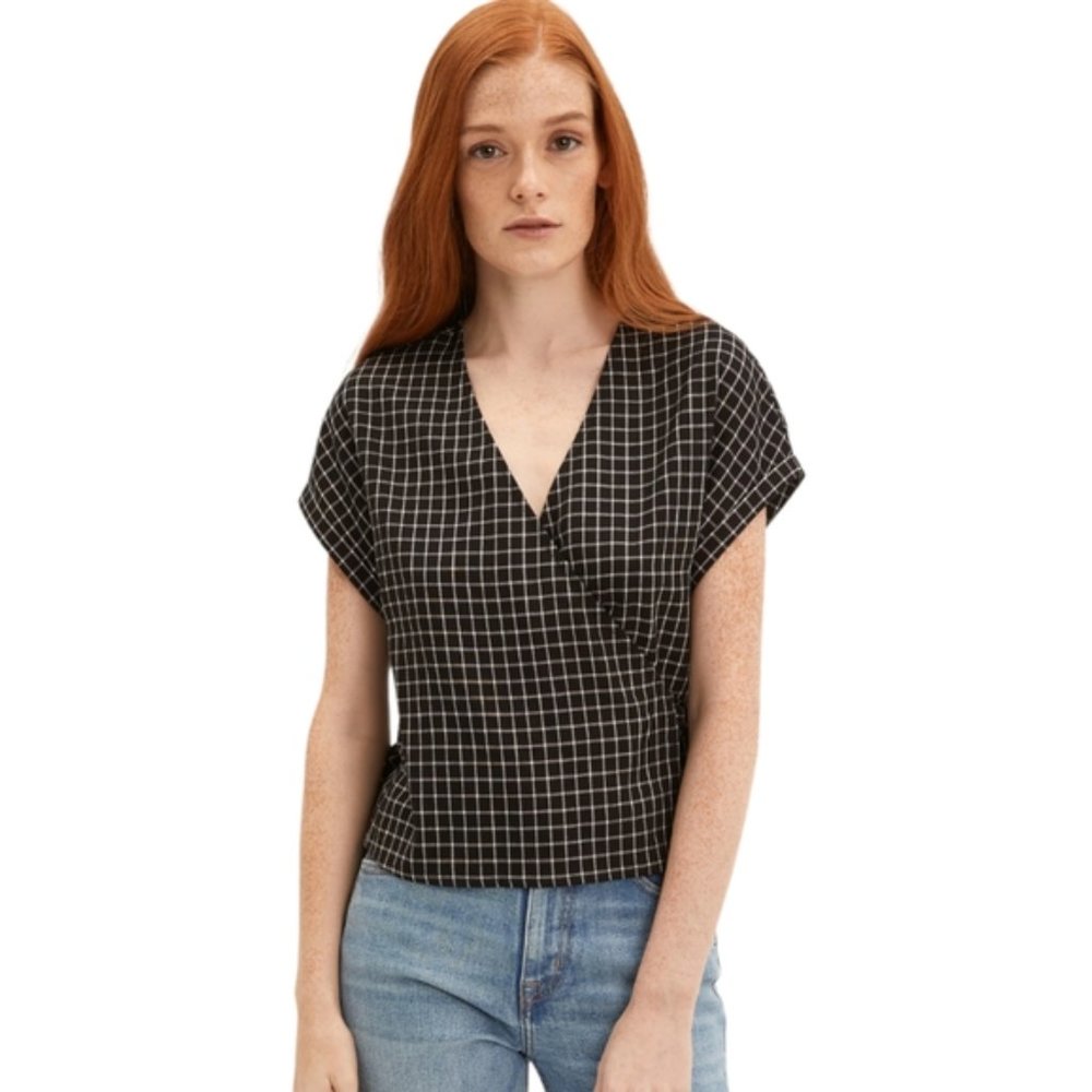 Frank & Oak Black Checkered Wrap Top